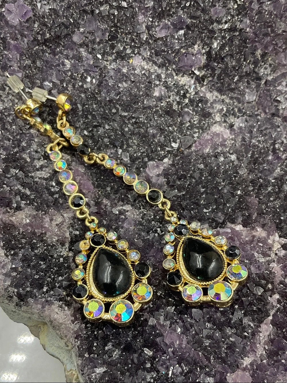 Gold-Tone Black Teardrop Onyx Gemstone W/Sparkling Rhinestones